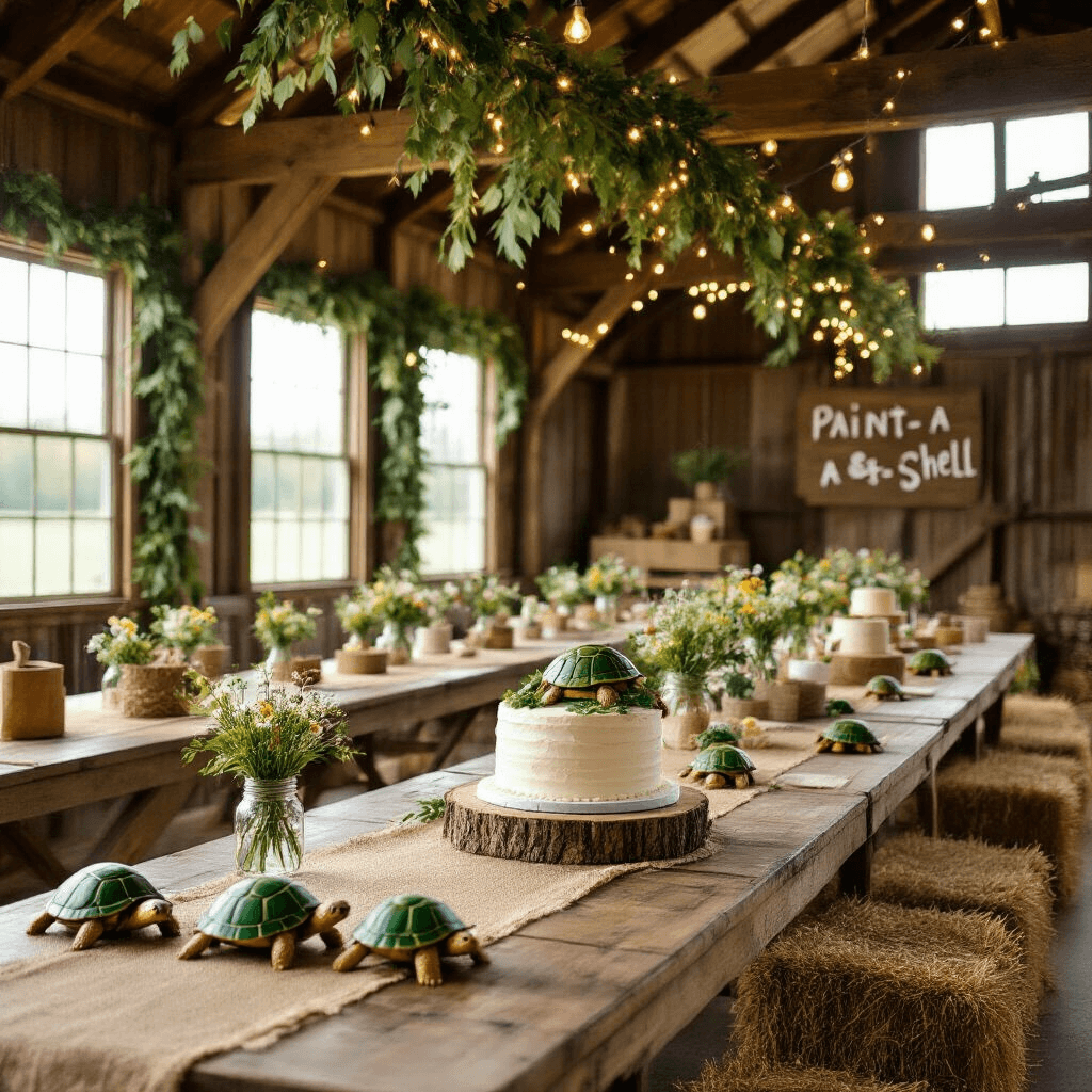 A rustic barn transformed for a turtle-themed birthday celebration, featuring soft morning light, garlands, tables with burlap runners and mason jars, a dessert table with a naked cake and turtle topper, and children's activity stations with hay bales.