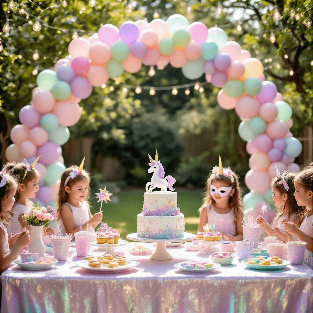 A whimsical unicorn-themed birthday party in a sunlit backyard, featuring a pastel balloon arch, shimmering iridescent tables, glittery unicorn centerpieces, a craft station for decorating masks and wands, a tiered cake with a golden unicorn topper, glittery cupcakes, and a sparkling photo booth area.