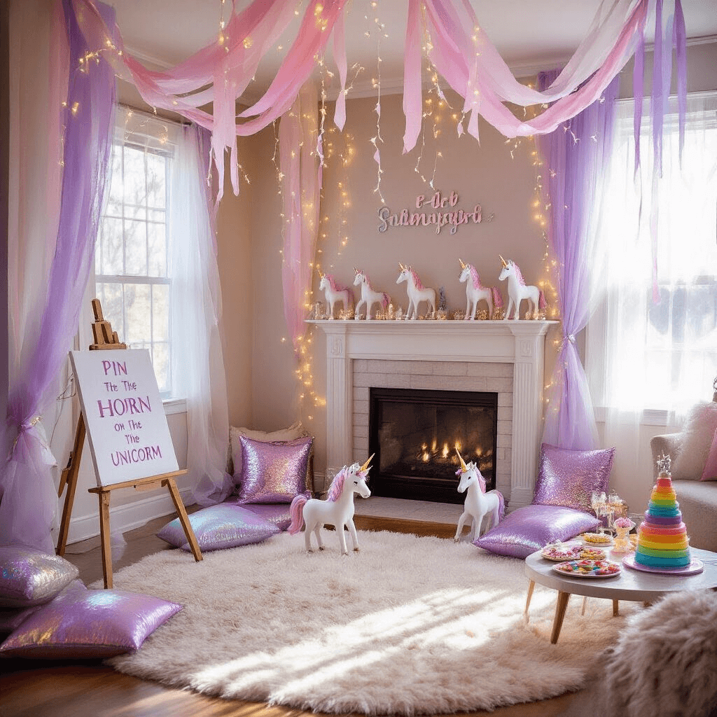 A cozy living room transformed into a pastel unicorn party, featuring pink and lavender streamers, fairy lights, a plush rug with iridescent cushions, a 'Pin the Horn on the Unicorn' game, sparkly unicorn figurines on the mantel, and a table with rainbow-layered treats, all illuminated by sunlight.