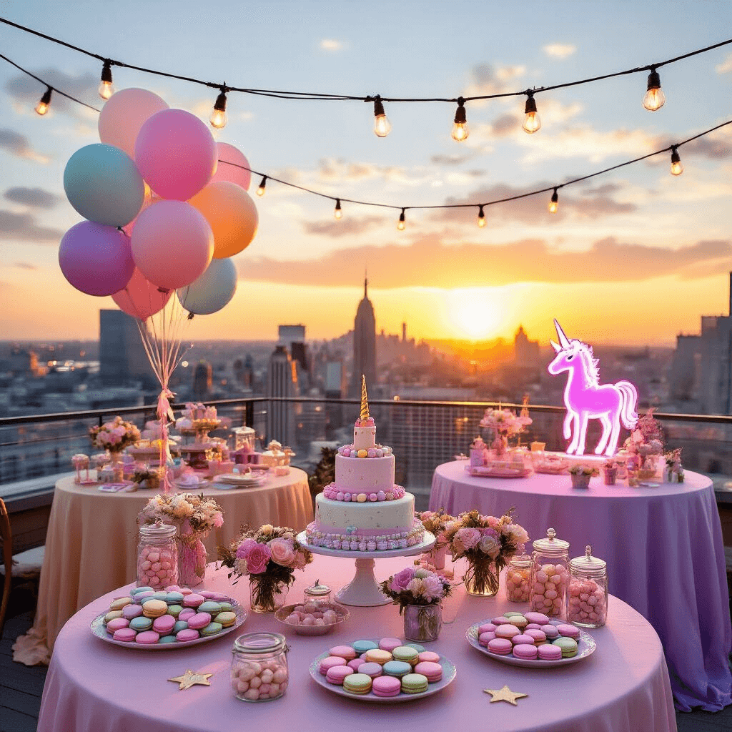 A whimsical rooftop terrace party themed around unicorns at sunset, featuring ombré table linens in blush and lavender, vibrant centerpieces of balloons and fresh flowers, a colorful dessert cart with macarons and cookies, a DIY wand-making station with craft supplies, and twinkling market lights overhead, complemented by a neon unicorn sign.