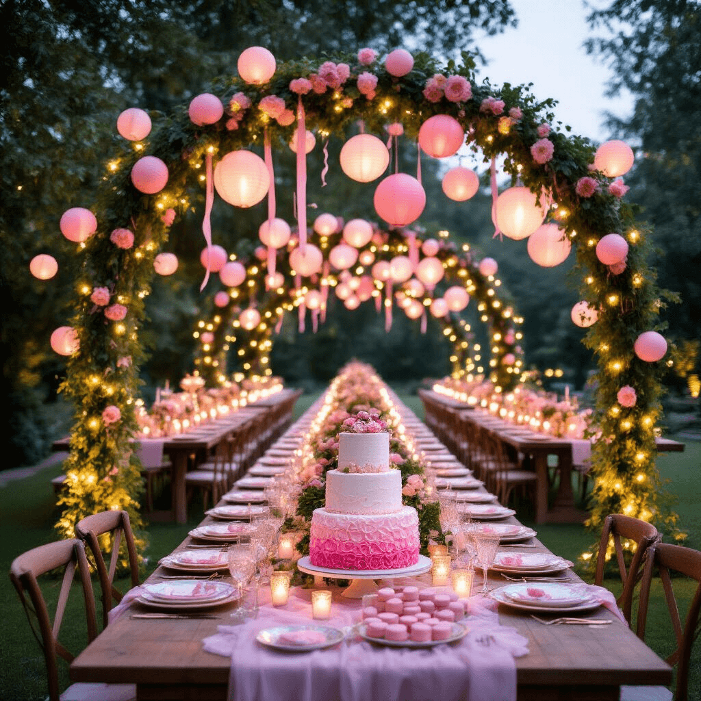 Pink Balloons: Your Ultimate Guide to Stunning Event Styling An intimate close-up of a beautifully set table in an enchanted garden, featuring vintage china and gold-rimmed glassware, surrounded by soft twilight lighting and delicate textures, with blush pink paper lanterns and fairy lights in the background.