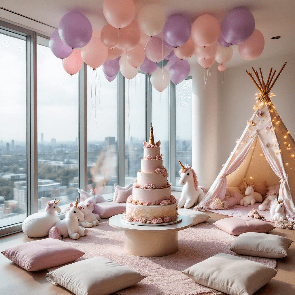 An intimate unicorn-themed celebration in a modern apartment with floor-to-ceiling windows, featuring soft pastel decor, cozy seating areas with plush cushions, a stunning tiered cake with a golden unicorn horn, floating helium balloons, and a child-sized teepee adorned with twinkling lights and unicorn plushies.