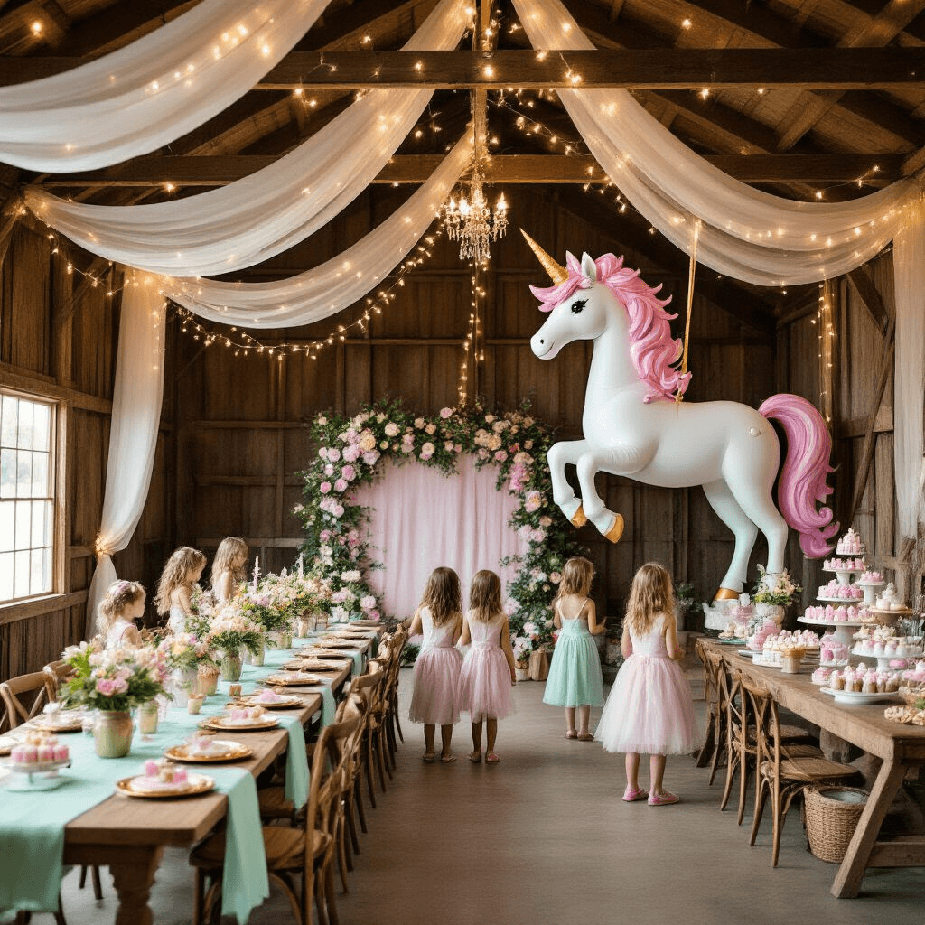 A whimsical unicorn party in a rustic barn adorned with chiffon drapes, fairy lights, mint green table runners, and wildflower centerpieces, featuring a grand balloon unicorn, a floral backdrop photo booth, children with a piñata, and a dessert table with pastel cupcakes, all illuminated by soft lantern lighting.