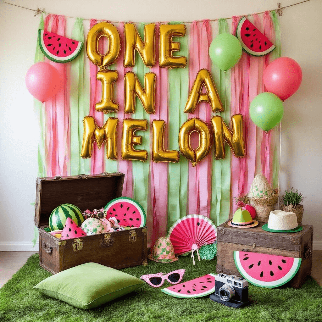 One in a Melon: Throwing the Ultimate Watermelon Birthday Bash An overhead view of a whimsical fruit-themed photo booth featuring pink and green streamer backdrops, oversized paper watermelon slices, and gold foil letter balloons saying 'ONE IN A MELON'. A vintage trunk filled with fun props, plush green floor cushions, and a Polaroid camera on a rustic table are also visible.