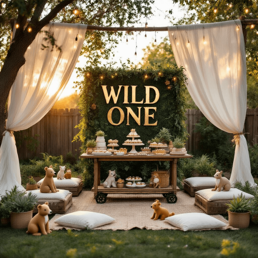 Wild One Birthday Party: The Ultimate Guide to a Jungle-Themed First Birthday Celebration An enchanting backyard setup for a golden hour Wild One celebration, featuring a rustic dessert cart with animal-themed treats, cozy seating areas with floor cushions, potted succulents, sheer ivory drapery, twinkling fairy lights, and a lush 'Wild One' backdrop in golden letters.