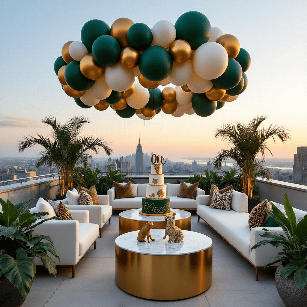 Wild One Birthday Party: The Ultimate Guide to a Jungle-Themed First Birthday Celebration A chic rooftop terrace transformed for a Wild One soirée, featuring white lounge furniture, an elegant balloon installation in forest green and gold, marble cocktail tables, tropical plants, and a geometric cake table with a golden 'one' topper against a backdrop of twinkling city lights at dusk.