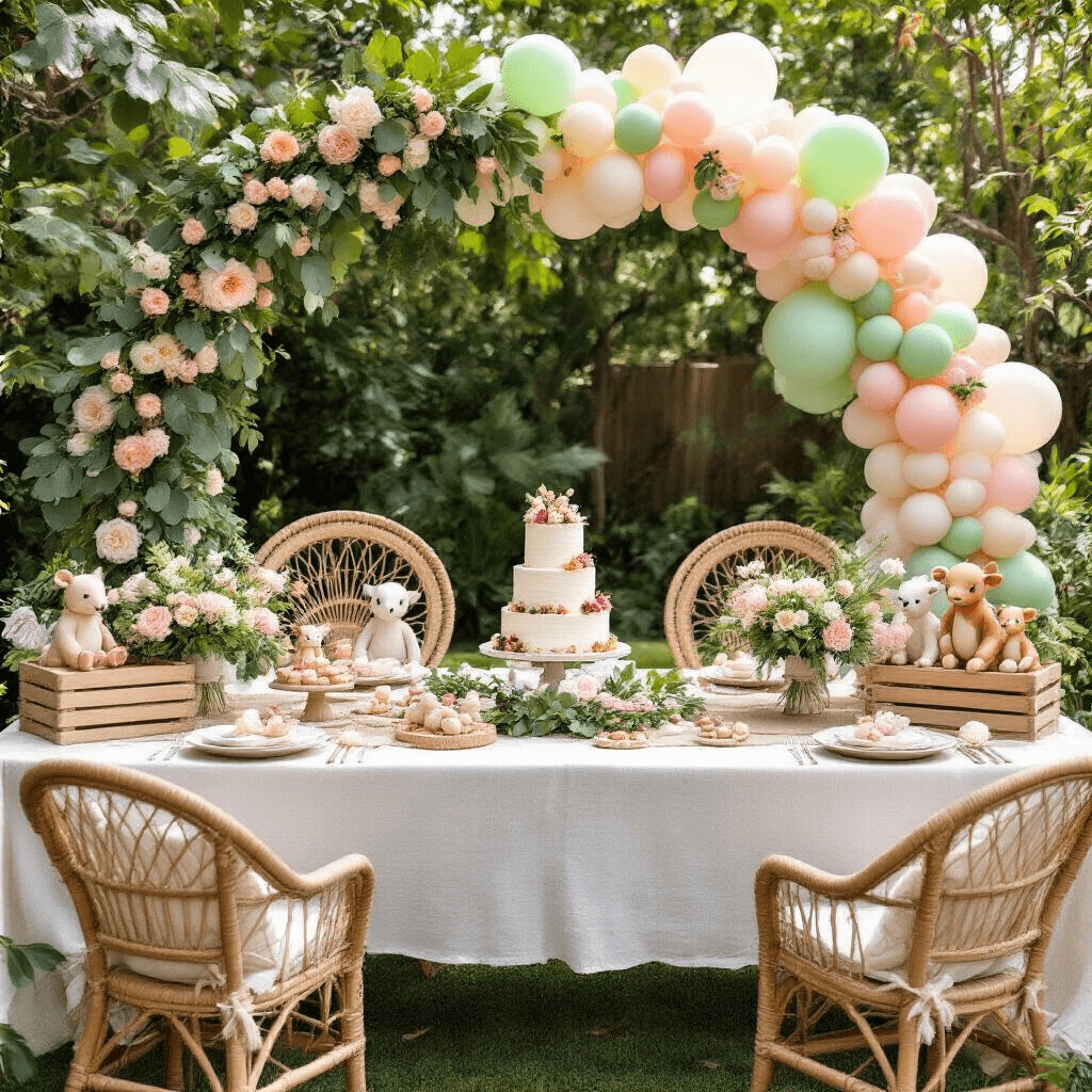 Wild One Birthday Party: The Ultimate Guide to a Jungle-Themed First Birthday Celebration An overhead view of a sun-drenched garden brunch for a Wild One birthday, featuring long farmhouse tables with white linens and burlap runners, rattan peacock chairs adorned with floral wreaths, a pastel balloon arch, and a dessert spread with a naked cake, surrounded by plush safari animal decorations and lush greenery.