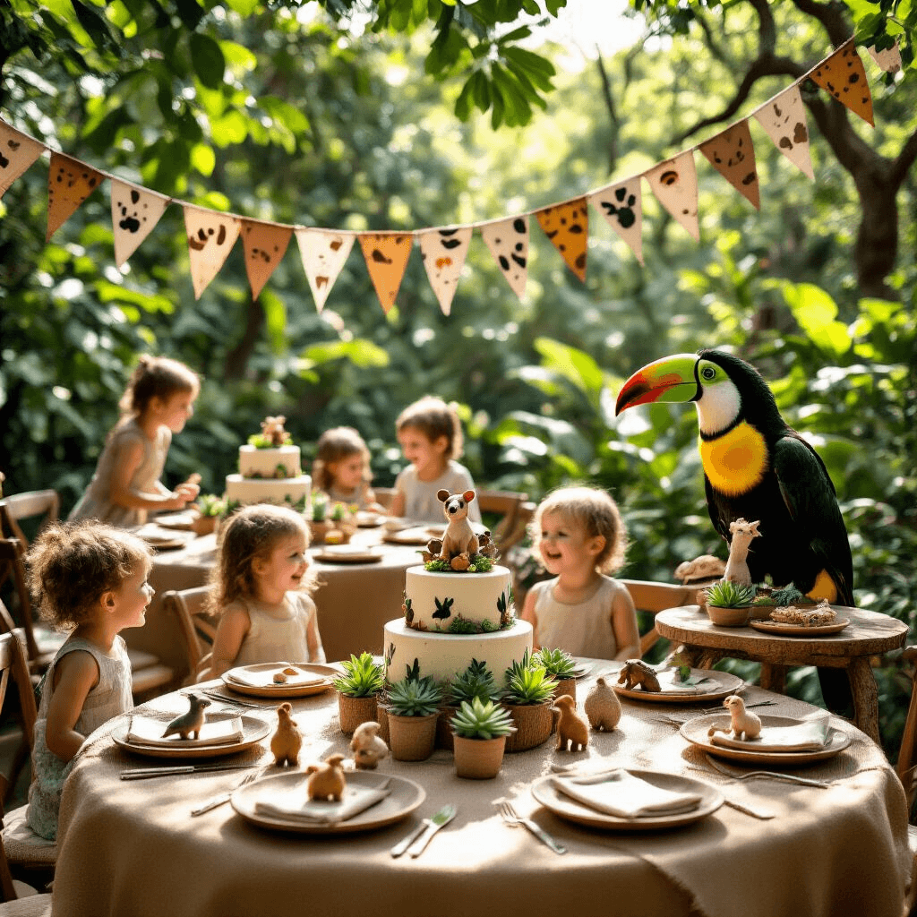 A vibrant garden party in a lush zoo setting, featuring round tables with burlap runners and ceramic plates, adorned with succulent centerpieces showcasing miniature animal figurines. Children joyfully engage with a zookeeper and a toucan, while handmade animal-print bunting hangs above and a rustic dessert cart displays a tiered jungle-themed cake.