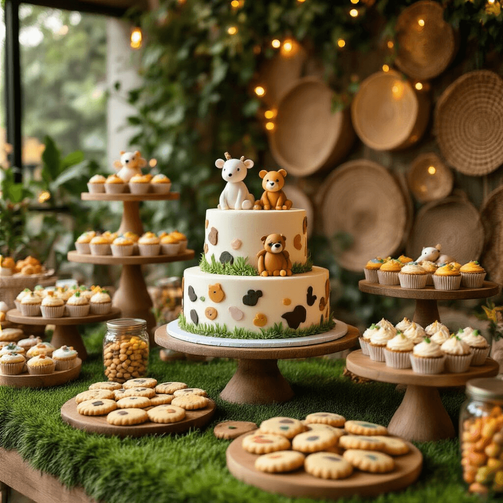An elegant indoor zoo-themed dessert table featuring a centerpiece cake decorated with fondant animals, surrounded by animal-print cupcakes, leaf-shaped cookies, and colorful animal crackers, all under warm lighting and a textured backdrop of woven baskets and ivy.