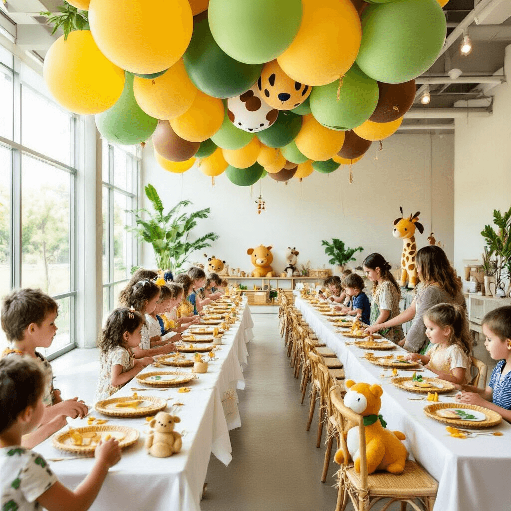 A whimsical zoo-themed birthday celebration featuring long tables with white linens, yellow and green accents, bamboo plates, and gold flatware. Above, oversized balloons in green, brown, and animal prints form a playful canopy. In the foreground, children gather around a petting zoo area with plush animals available for adoption as party favors.