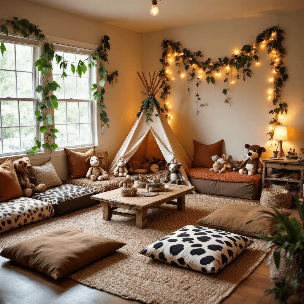 A cozy living room transformed into a safari-themed party with low tables and floor cushions in earth tones, a teepee decorated with fairy lights, DIY paper leaves, and a craft station for making animal masks, all under soft, warm lighting.