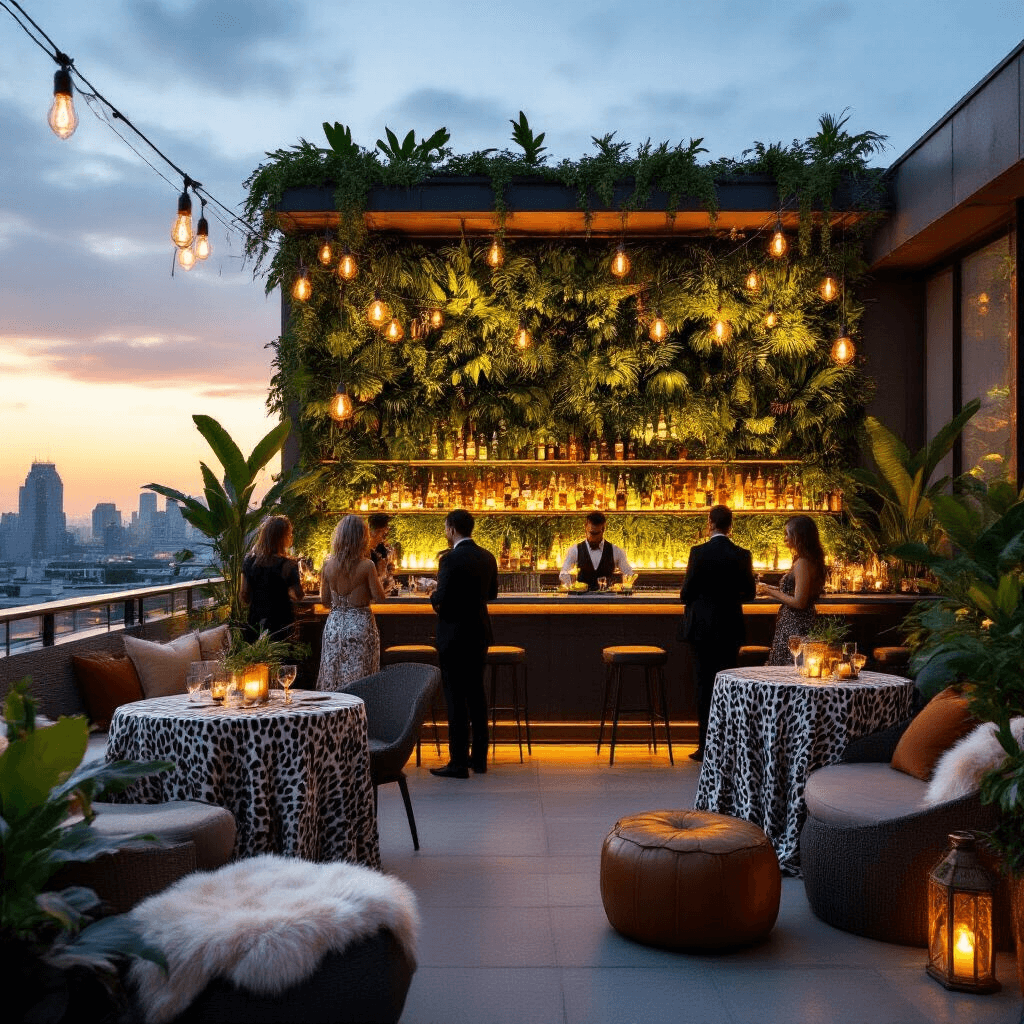 A sophisticated zoo-themed rooftop soirée at sunset, featuring guests mingling around high cocktail tables with luxe animal print linens, a central bar with a living wall of tropical plants, bartenders serving jungle juice in coconut shells, modern lounge areas with faux fur throws and leather poufs, and glowing lanterns and Edison bulbs against a city skyline.