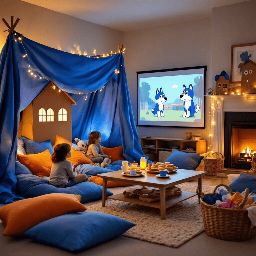 A cozy living room with a fort made of blue sheets and fairy lights, featuring a projector screen displaying Bluey episodes. Children cuddle on blue and orange pillows, while a coffee table holds a whimsical 'Grannies' tea set and biscuits. Handmade Bluey character puppets hang from the mantelpiece, and a basket of dress-up items is nearby.