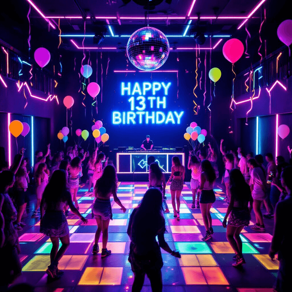 A vibrant neon disco-themed indoor ballroom filled with dancing teens under blacklight, featuring glow-in-the-dark decorations, LED light strips, a DJ booth, and a massive disco ball, all illuminated with colorful lights while a neon sign reads 'Happy 13th Birthday'.