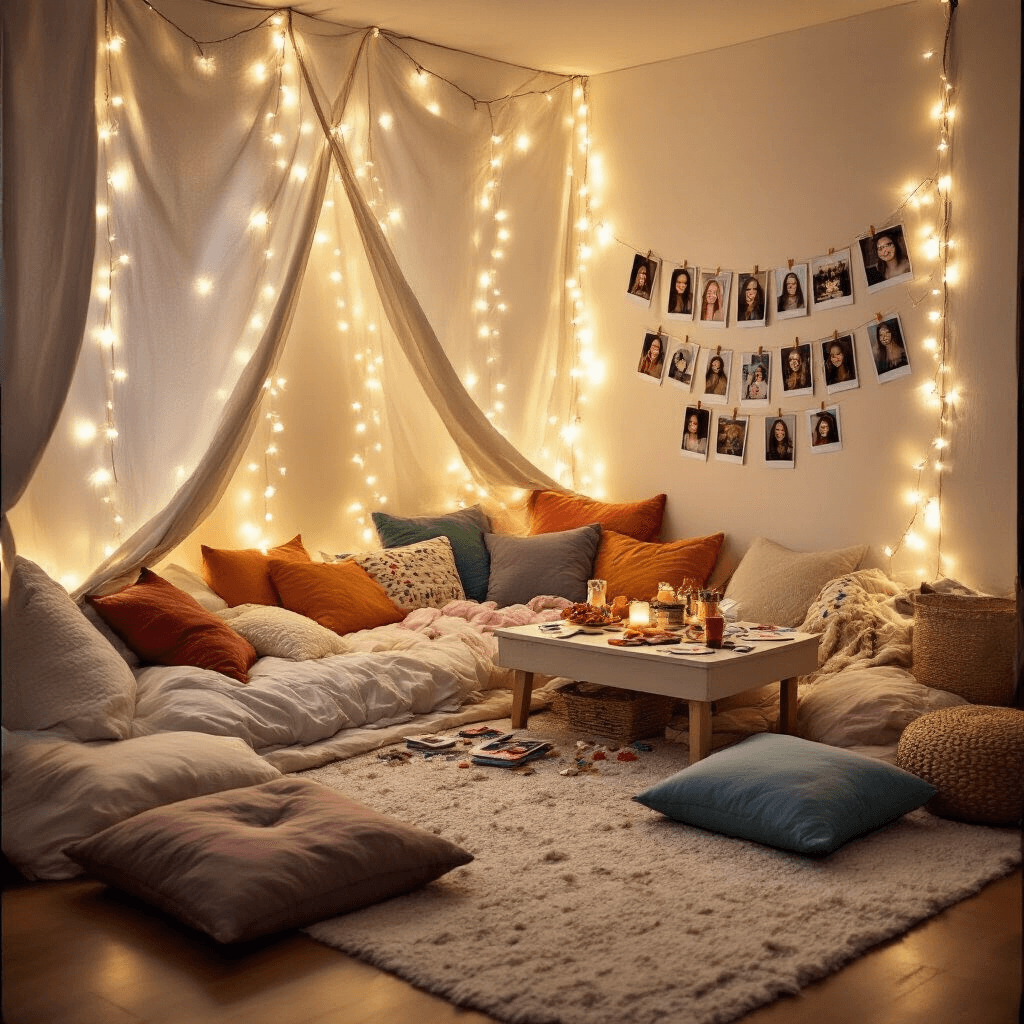 A cozy living room transformed for a budget-friendly sleepover party, featuring fairy lights draping the walls, a fort made from sheets and cushions, a low table with snacks and crafts, floor cushions, and a DIY photo wall decorated with Polaroid photos. The scene is captured from a low angle, emphasizing the inviting atmosphere and personal touches.