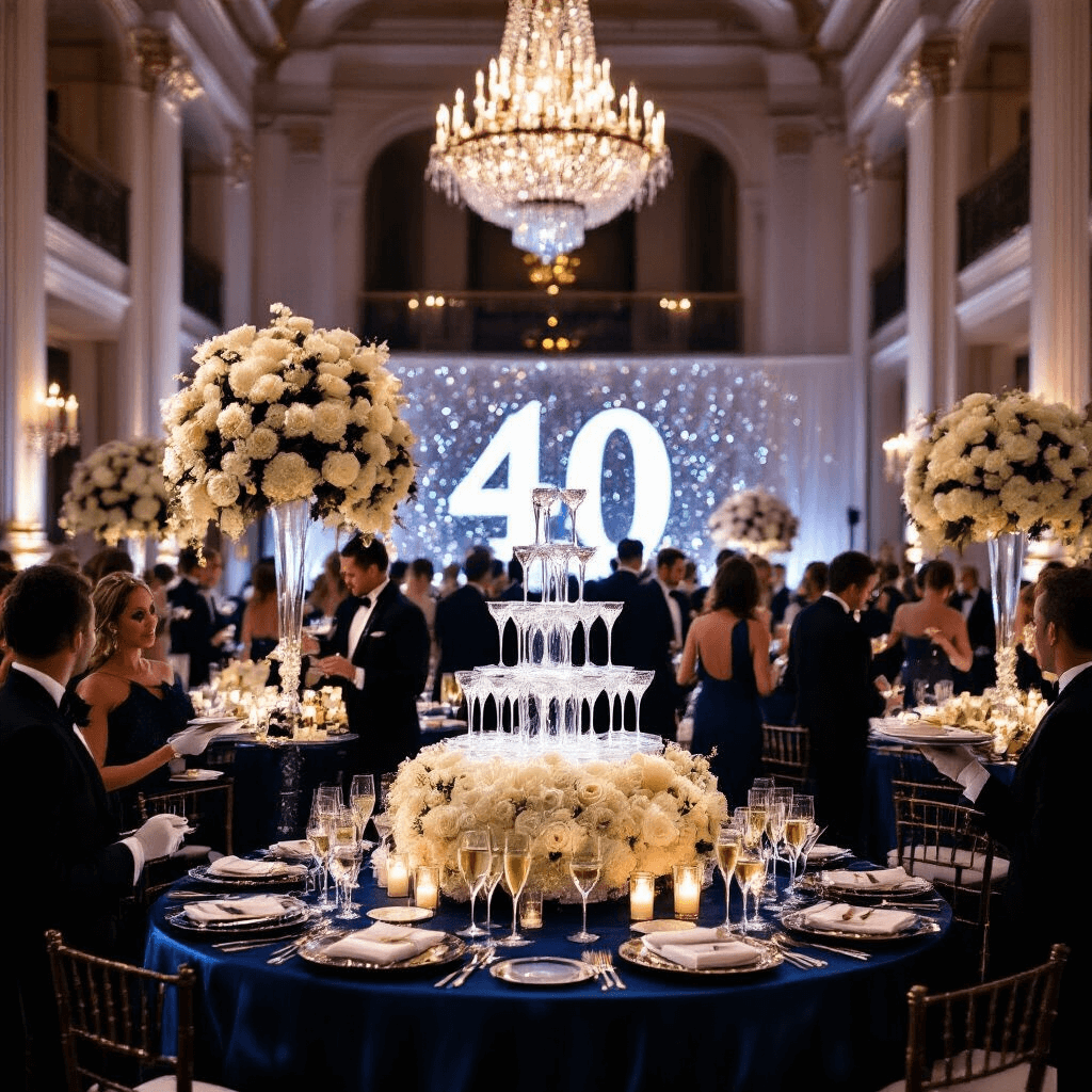 An elegant black-tie soirée in a grand ballroom with crystal chandeliers, guests in tuxedos and gowns, midnight blue silk tables with floral centerpieces, a champagne tower, and a stunning sequin backdrop featuring a '40' ice sculpture.