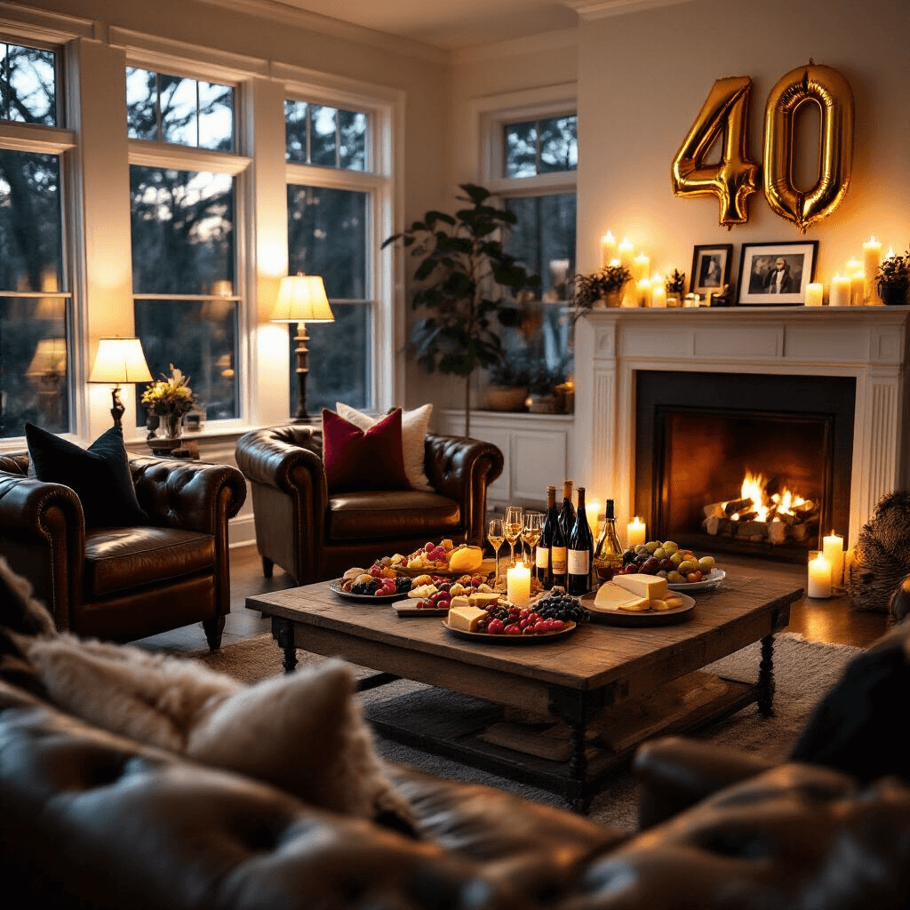 A cozy living room celebration features warm lighting, a fireplace decorated with gold '40' balloons, and inviting seating. A rustic coffee table is set with gourmet cheeses, fruits, and wine. Rich jewel-toned throw pillows and black and white photos of the guest of honor add to the intimate atmosphere.