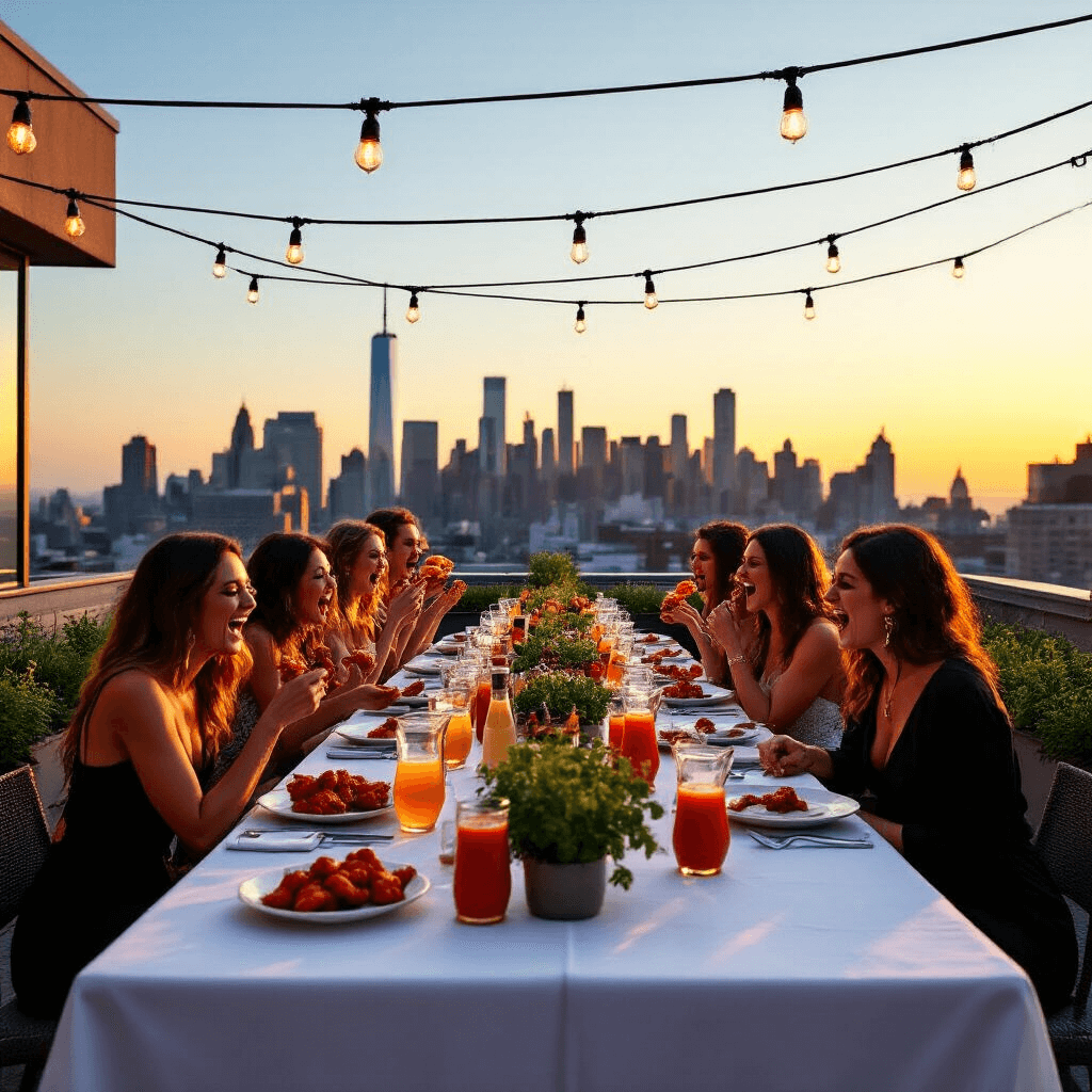 An elegant rooftop terrace at golden hour hosts an adult 'Hot Ones' challenge, featuring a long table with vibrant hot sauces and sophisticated place settings. Participants in cocktail attire react with laughter as they taste spicy wings, illuminated by string lights and a backdrop of the sunset city skyline. Potted herbs and flowers enhance the contemporary space.
