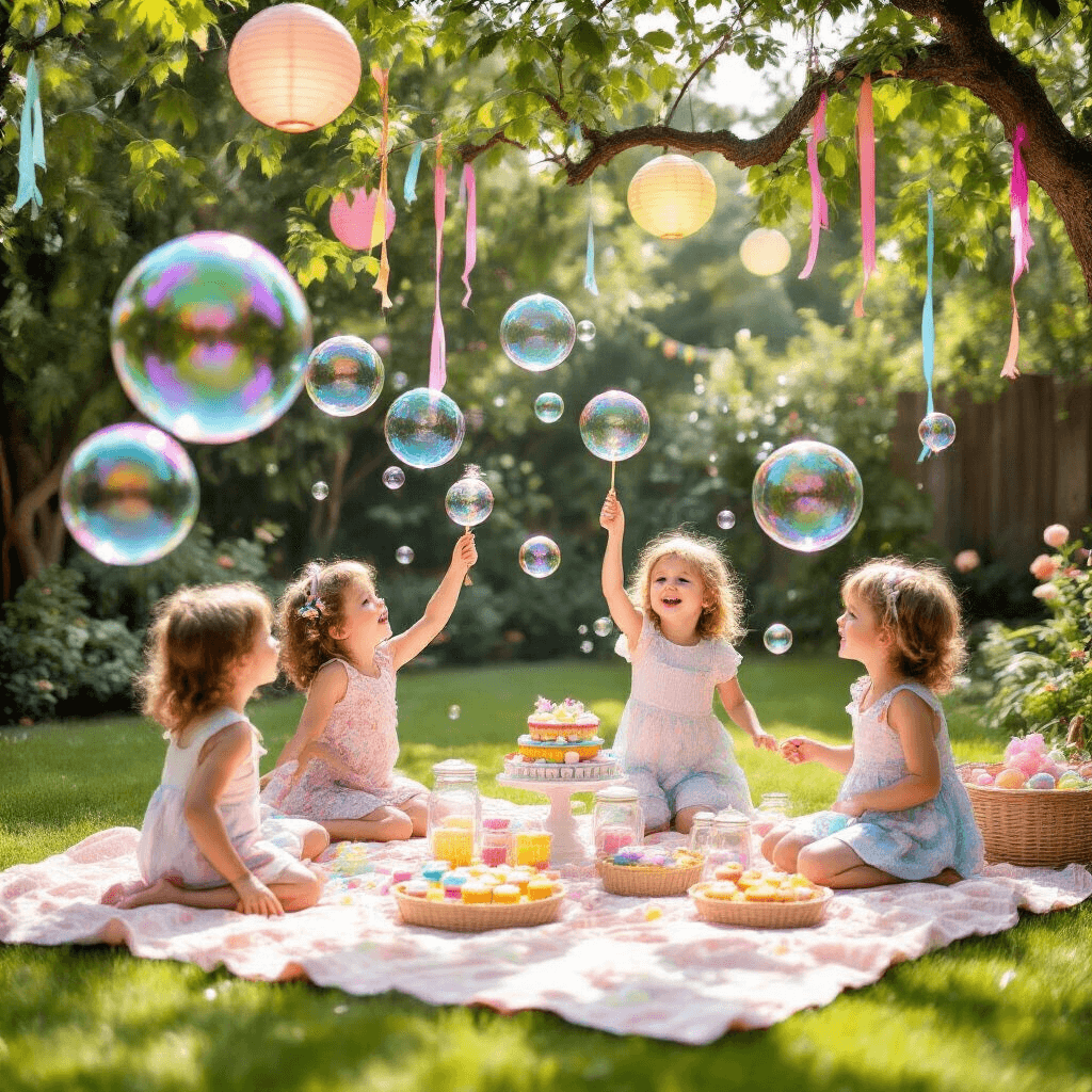 A sunlit backyard birthday party scene with children joyfully chasing giant iridescent bubbles, a vintage bubble-making station with ornate wands, picnic blankets with pastel cupcakes, and decorations of paper lanterns and rainbow ribbons.