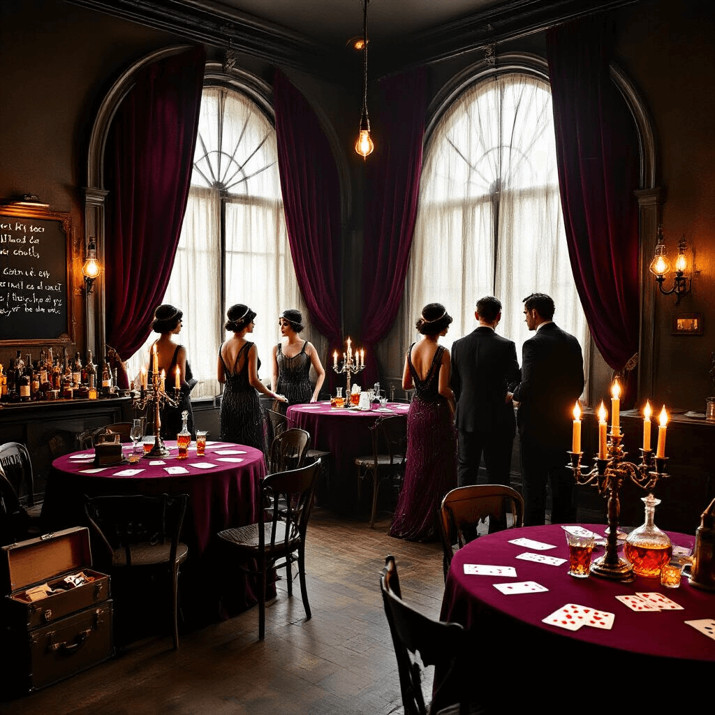 A dimly lit 1920s speakeasy-themed living room for a murder mystery party, featuring velvet curtains, round tables with burgundy linens, vintage candelabras, guests in flapper dresses and pinstripe suits, a makeshift bar with crystal decanters, a chalkboard with clues, and vintage suitcases with props.