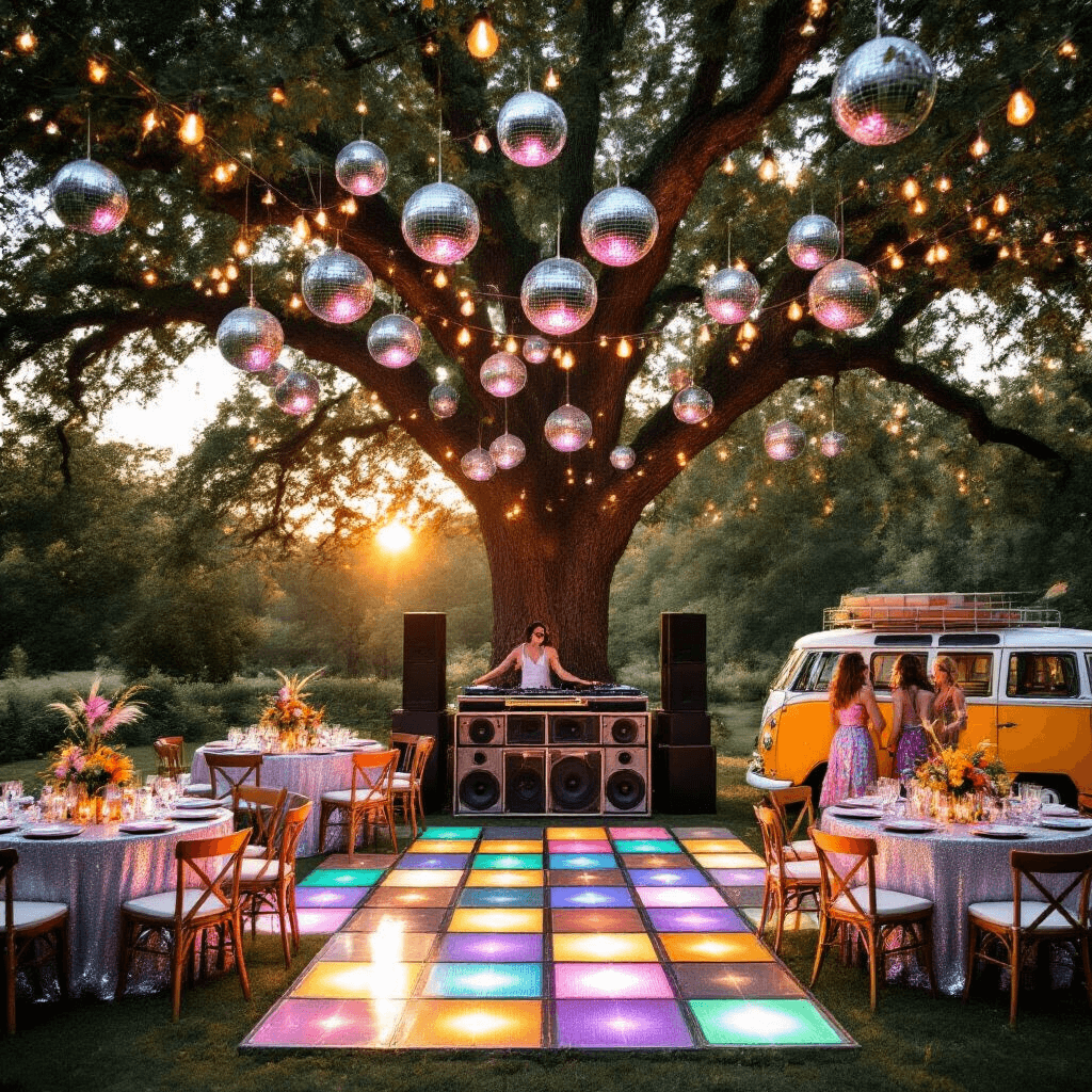 Outdoor garden party celebrating a retro disco theme, featuring a grand oak tree adorned with disco balls and fairy lights, a light-up dance floor, round tables with shimmering silver sequin tablecloths and metallic balloon centerpieces, a DJ booth made from vintage speakers, and guests in vibrant bell-bottoms posing by a flower-decorated VW bus, all bathed in warm golden sunset light.