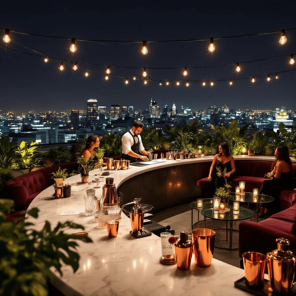 Upscale rooftop terrace featuring a curved marble bar with copper shakers and crystal glasses, intimate velvet seating areas with cocktail kits, lush plants, Edison bulb lighting, and a master mixologist demonstrating techniques to guests in cocktail attire against a backdrop of city lights.