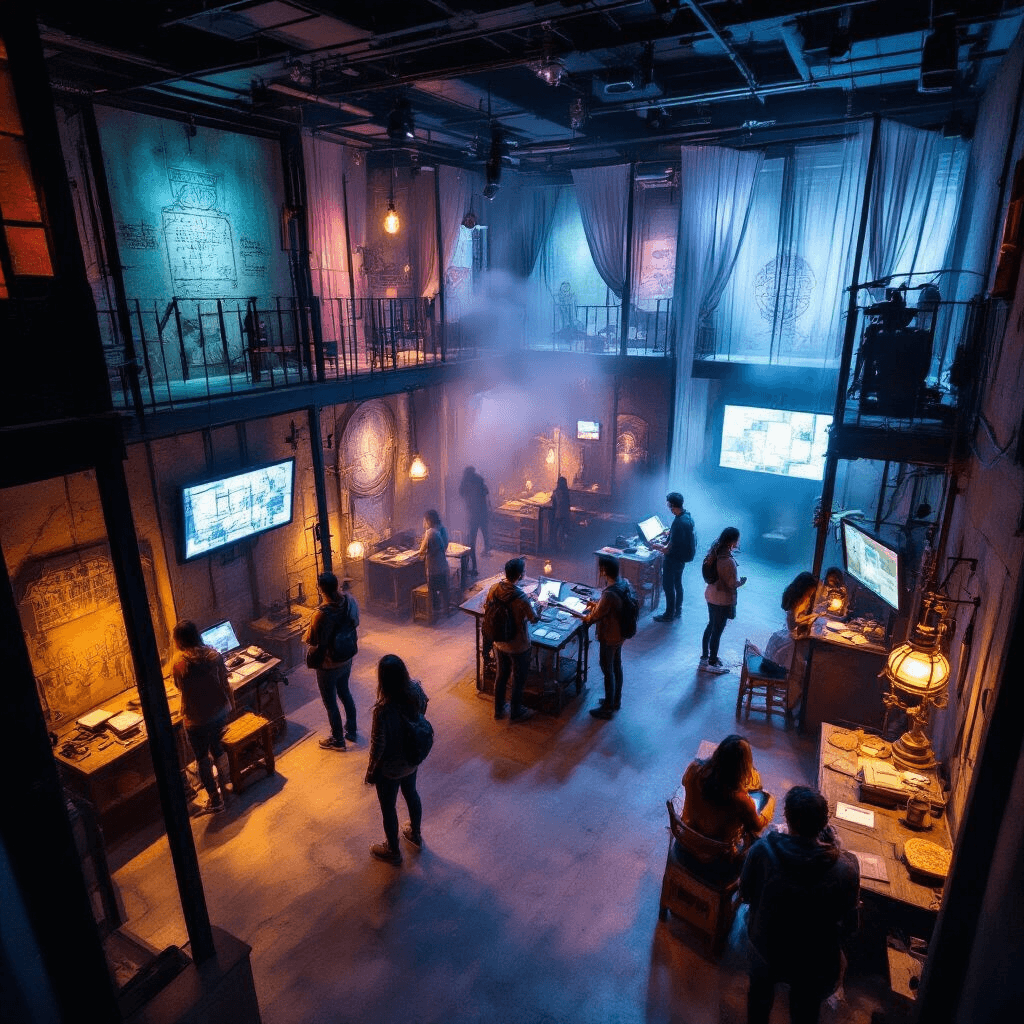An overhead view of a modern loft escape room featuring themed zones separated by sheer curtains and portable walls, displaying intricate puzzles and mysterious artifacts. A central command station with screens shows countdown timers, while groups of friends engage in various challenges amidst ambient lighting and fog effects.