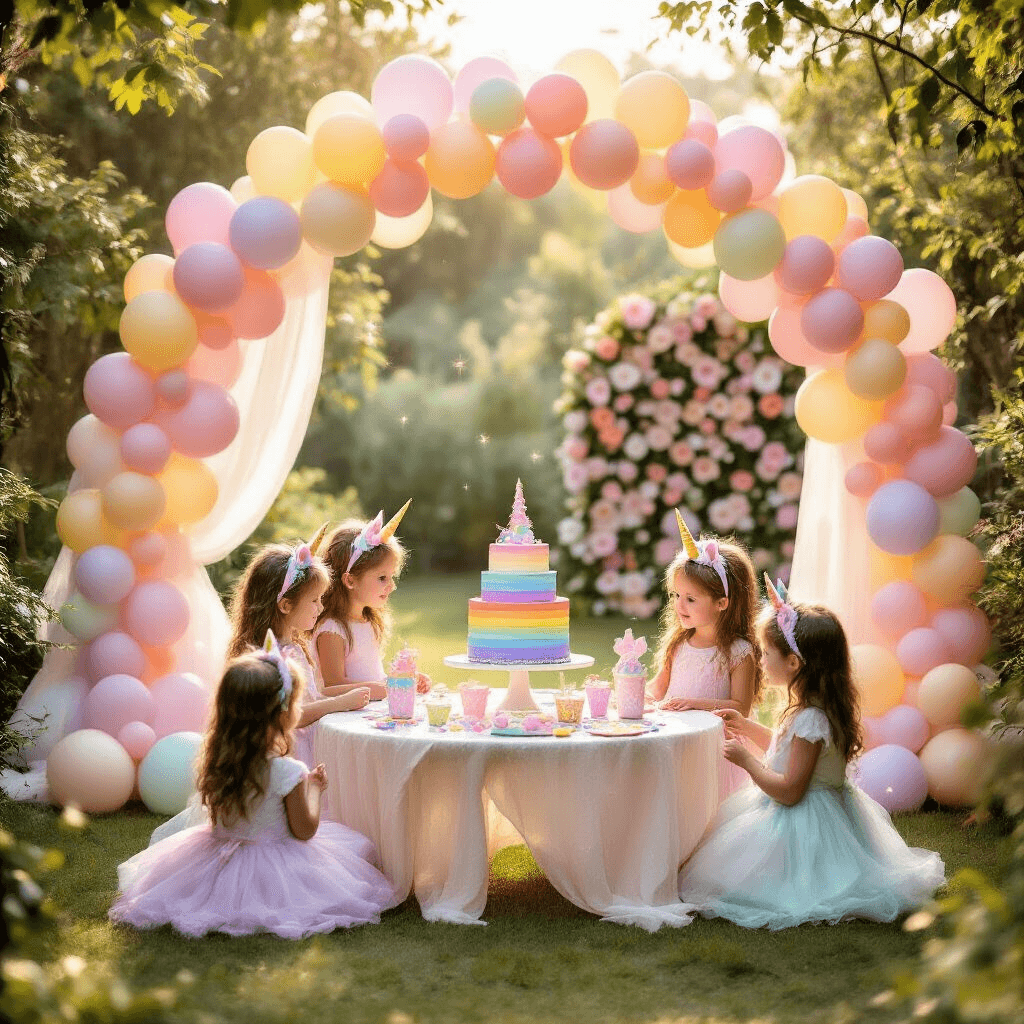 A whimsical birthday party in a sunlit garden featuring pastel balloon arches, a rainbow cake, children in unicorn headbands, a glitter-filled crafting station, soft tulle draperies, and a flower wall backdrop, all bathed in warm golden hour light.
