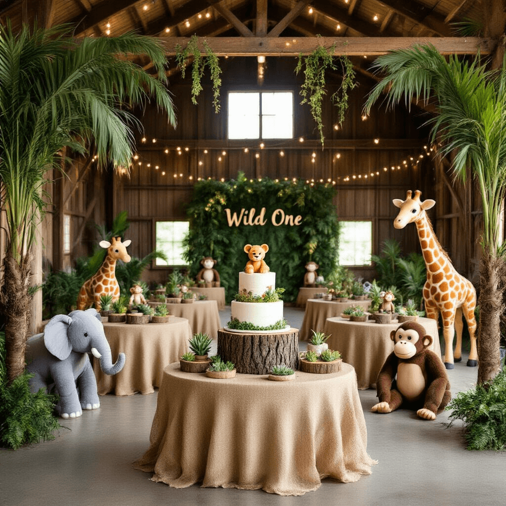 Magical First Birthday Party Ideas: Creating Unforgettable Memories for Your Little One A rustic barn decorated for a 'Wild One' safari-themed first birthday, featuring palm fronds, lush greenery, burlap-covered tables with terrariums and animal figurines, a tiered cake resembling tree stumps, oversized plush animals, and a cozy teepee reading nook with animal-print cushions.
