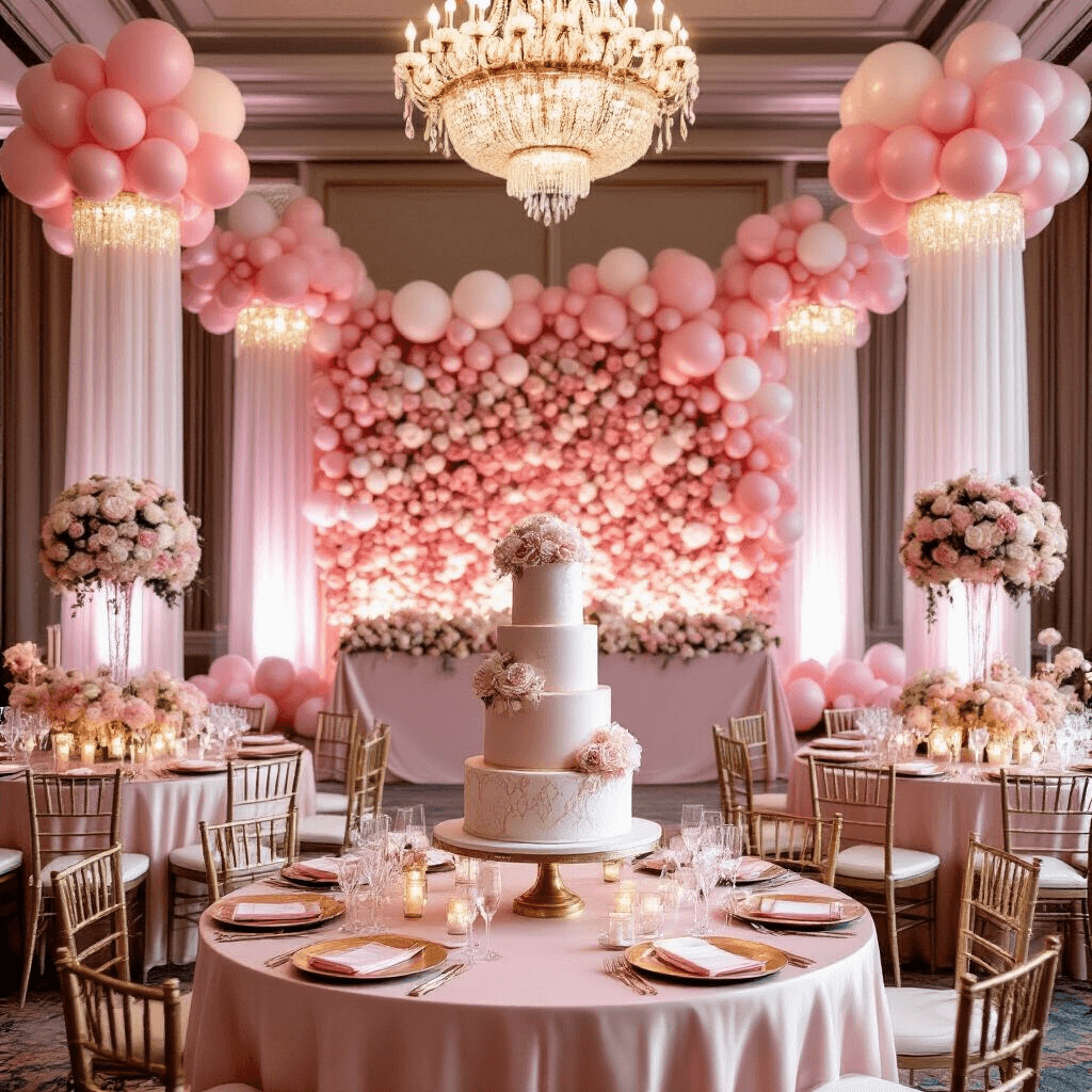 Pink Balloons: Your Ultimate Guide to Stunning Event Styling A luxurious pink-themed wedding reception in an elegant ballroom, featuring balloon columns, crystal chandeliers, round tables with floral centerpieces, a 5-tier wedding cake, and a flower wall backdrop.