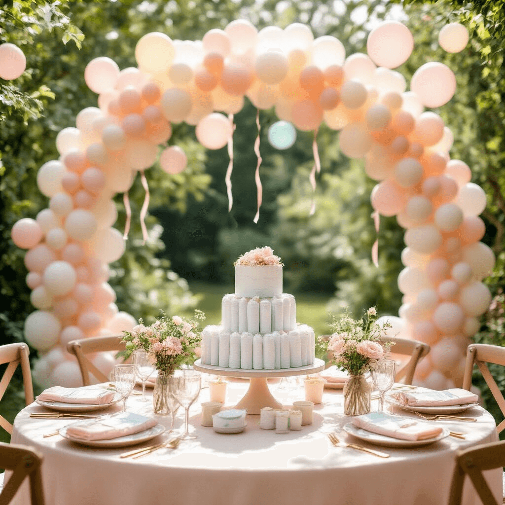 Sunlit garden baby shower with a pastel balloon arch framing a dessert table featuring a tiered diaper cake, surrounded by blush linen tables, gold flatware, floral centerpieces, and floating balloons in a lush green setting.