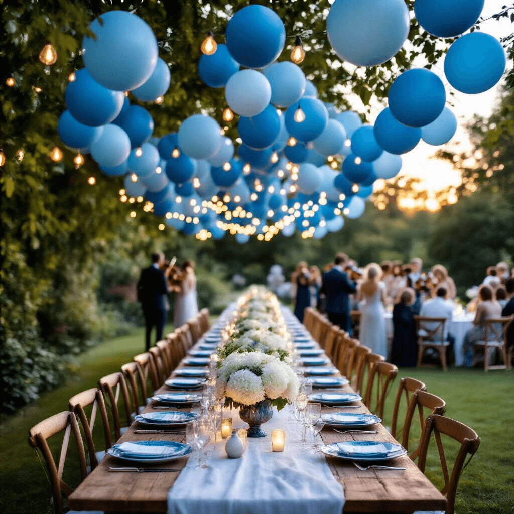 A dreamy outdoor wedding reception at golden hour in a lush garden, featuring a rustic wooden table under a canopy of blue balloons and soft fairy lights, adorned with white linen and vintage blue china, while guests mingle and a string quartet plays in the background.
