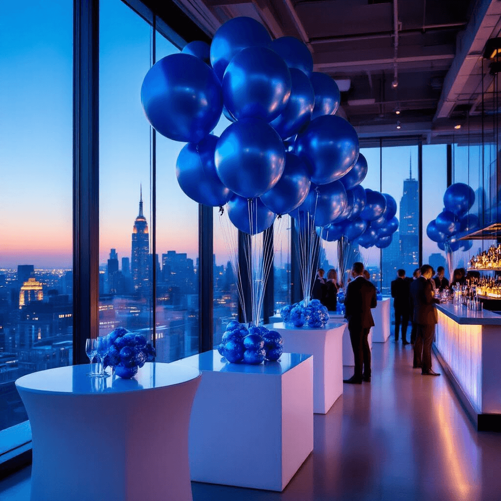 Elegant corporate event on a modern rooftop with stunning city skyline views, featuring sleek white high-top tables adorned with metallic blue balloon arrangements, cool blue uplighting, and a backlit bar serving blue cocktails, as guests in formal attire mingle in a luxe minimal aesthetic.