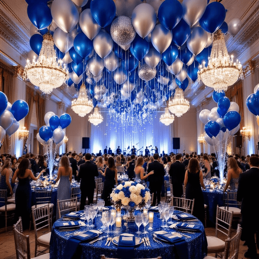 A glamorous New Year's Eve party in a grand ballroom, featuring clusters of midnight blue, sapphire, and silver balloons, shimmering sequined tablecloths, and elegant centerpieces, as guests in glittering attire dance under sparkling crystal chandeliers.