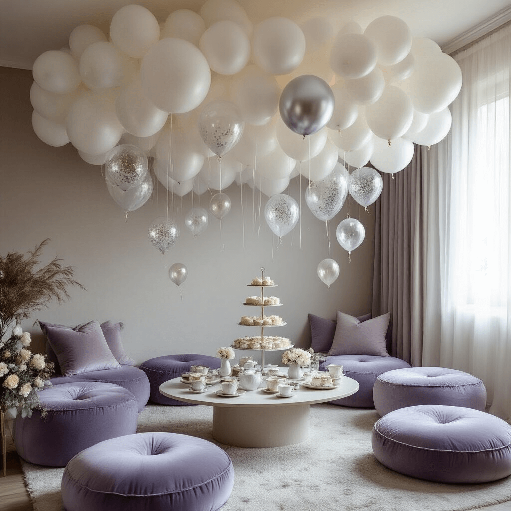 Balloon Decorations: The Ultimate Guide to Transforming Any Event from Ordinary to Extraordinary An intimate indoor celebration in a cozy living room featuring oversized white balloons forming a cloud-like canopy, interspersed with silver and clear confetti-filled balloons. A low coffee table, adorned with delicate china and a three-tiered cake stand, is surrounded by plush velvet floor cushions in dusty blue and lavender. Soft morning light filters through sheer curtains, illuminating the scene and casting gentle shadows.