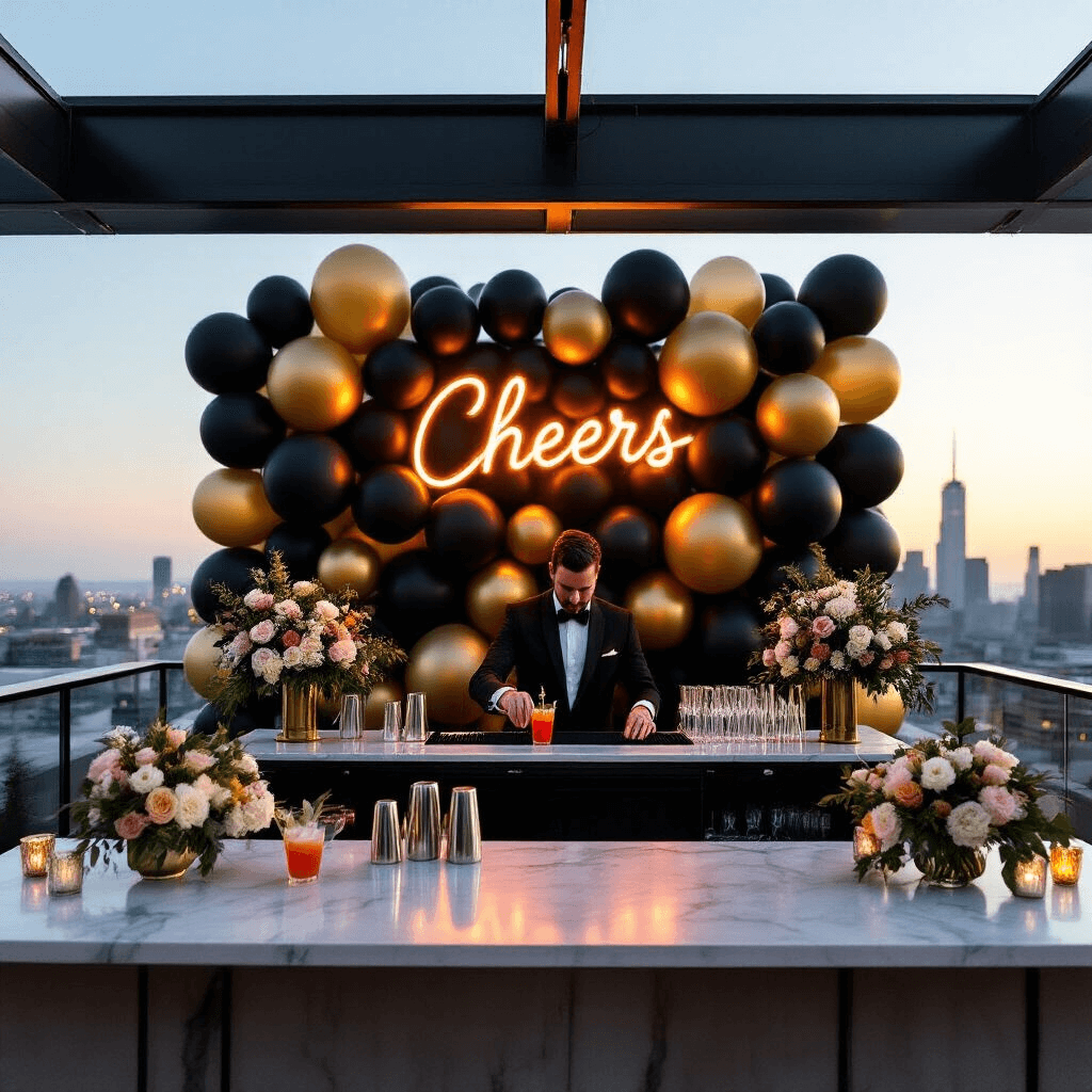 Balloon Decorations: The Ultimate Guide to Transforming Any Event from Ordinary to Extraordinary A chic rooftop cocktail party at dusk features a balloon wall of matte black, gold, and clear balloons in a modern geometric pattern, high-top tables with white linens and tall floral arrangements, and a glowing neon 'Cheers' sign. A bartender mixes cocktails at a marble bar, with the city skyline framed in the background.