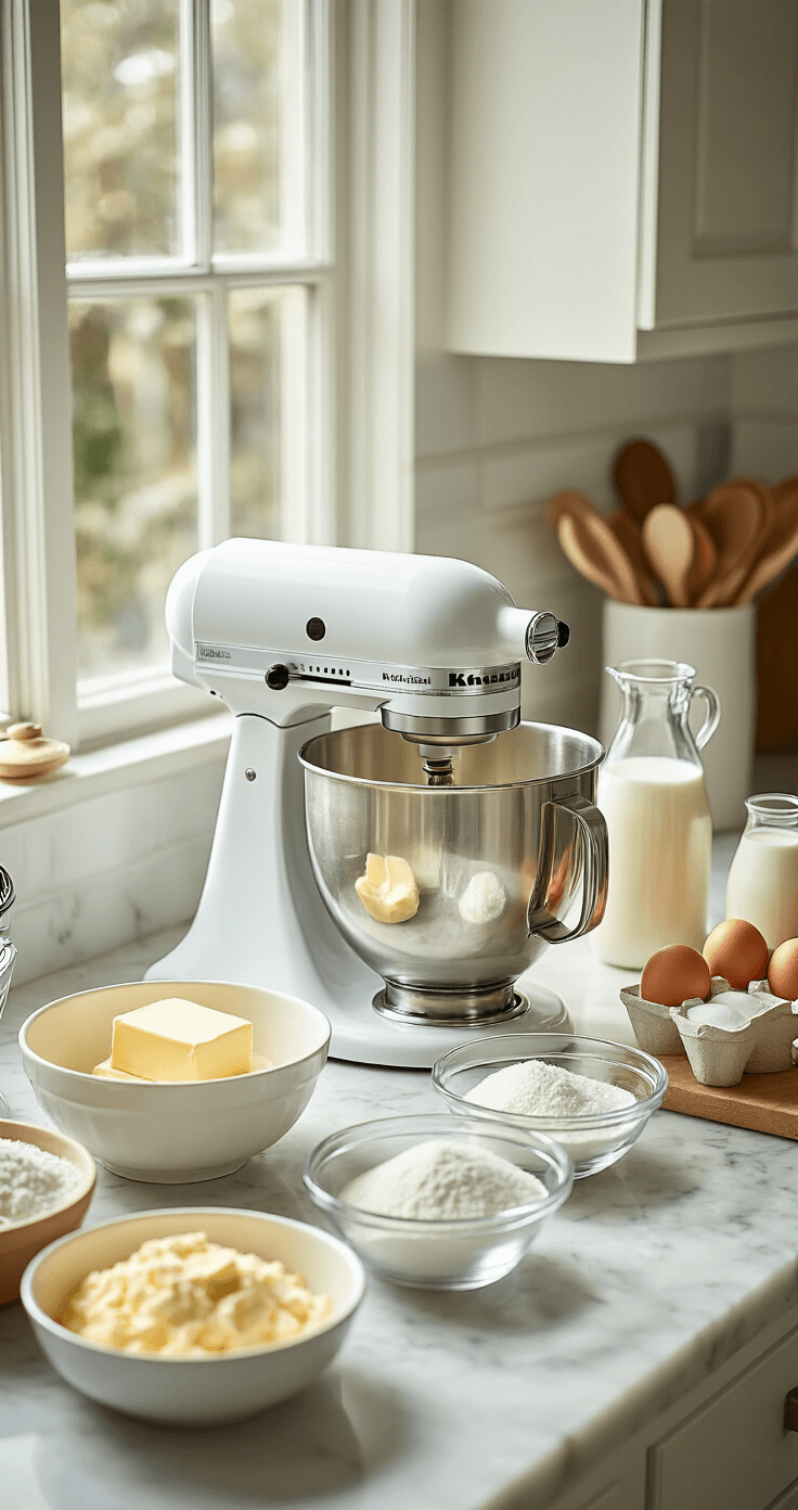 Epic 30th Birthday Cake: The Ultimate Celebration Showstopper A bright modern kitchen featuring a marble countertop with a KitchenAid mixer, ingredients for a 30th birthday cake, and gleaming cake pans, illuminated by natural light.