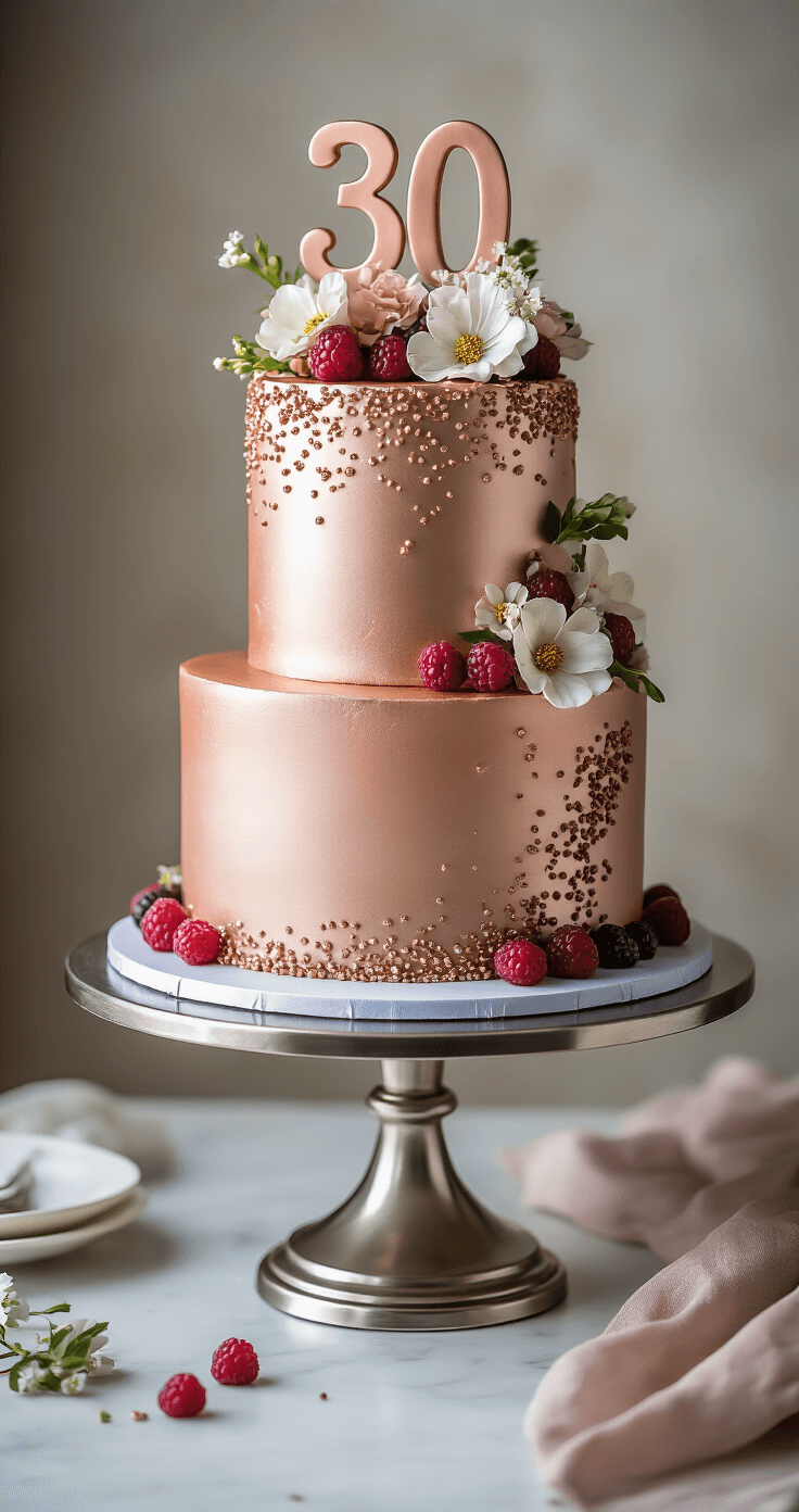 Epic 30th Birthday Cake: The Ultimate Celebration Showstopper Three-tiered birthday cake on a silver stand with rose gold ombré fondant, metallic sprinkles, edible flowers, a '30' topper, chocolate curls, and fresh berries, highlighted by soft studio lighting.
