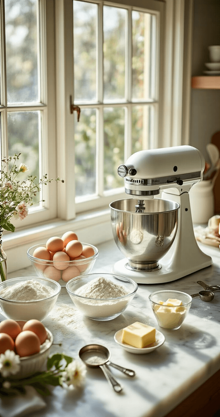 A sunlit kitchen with a marble countertop displaying carefully arranged ingredients for a wedding anniversary cake, including fresh eggs, sifted flour, vanilla extract, and softened butter, alongside a stand mixer and vintage measuring spoons, accented with fresh flowers.