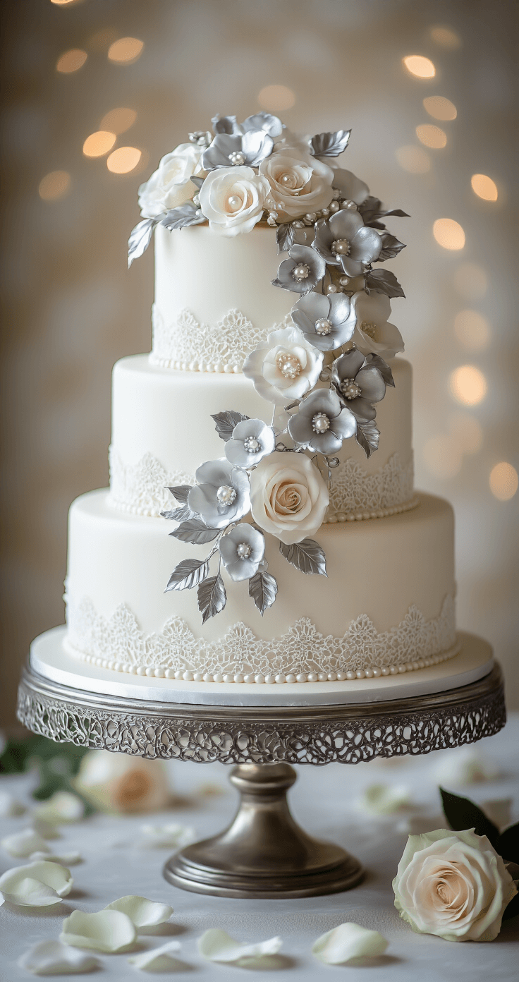 An elegantly decorated three-tier wedding anniversary cake on an antique silver stand, featuring white fondant, cascading sugar flowers, edible lace details, and surrounded by fresh roses and rose petals, all captured in soft, romantic lighting with a dreamy bokeh background.