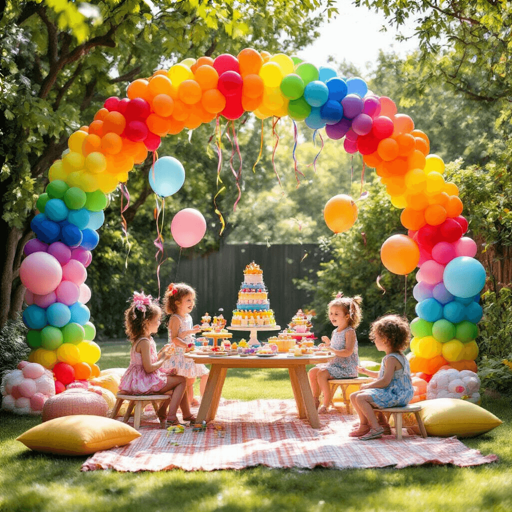 Balloon Decorations: The Ultimate Guide to Transforming Any Event from Ordinary to Extraordinary A colorful children's birthday party in a sunny backyard featuring a vibrant rainbow balloon arch, a dessert table with tiered treats, cozy seating areas with picnic blankets and mini chairs, oversized character balloons in the trees, and children joyfully playing games surrounded by balloons and fluttering streamers.