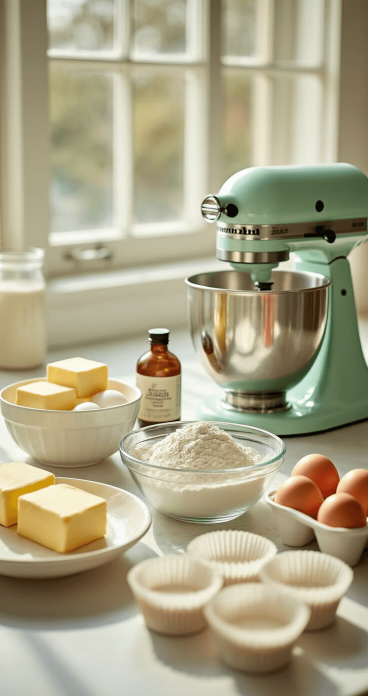 Close-up of a pristine kitchen countertop with baking ingredients arranged, including butter, eggs, flour, and vanilla extract, with a vintage mint green stand mixer in soft focus and white cupcake liners fanned out in the foreground.