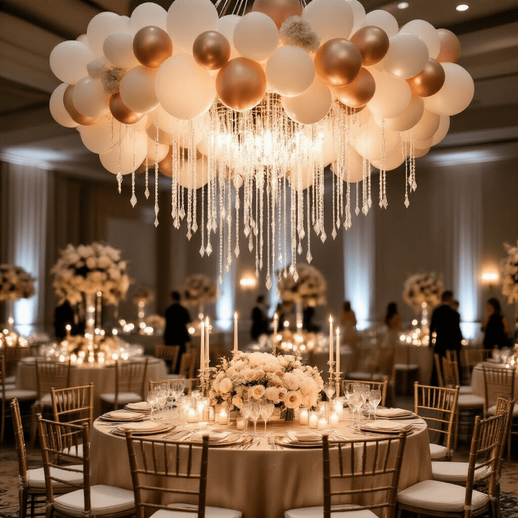Balloon Decorations: The Ultimate Guide to Transforming Any Event from Ordinary to Extraordinary An elegant ballroom wedding reception illuminated by soft candlelight, featuring a dramatic balloon chandelier, champagne-colored silk tablecloths, gold Chiavari chairs, and lush floral arrangements, with a dance floor and couples twirling in the background.