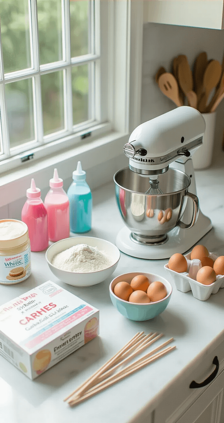Gender Reveal Cake Pops: The Ultimate Surprise Dessert Close-up overhead view of a white marble countertop decorated with baking supplies for a gender reveal, featuring a stand mixer, box of cake mix, eggs in a bowl, bright pink and blue gel food colorings, and neatly arranged baking tools. Natural light illuminates the scene, creating soft shadows.