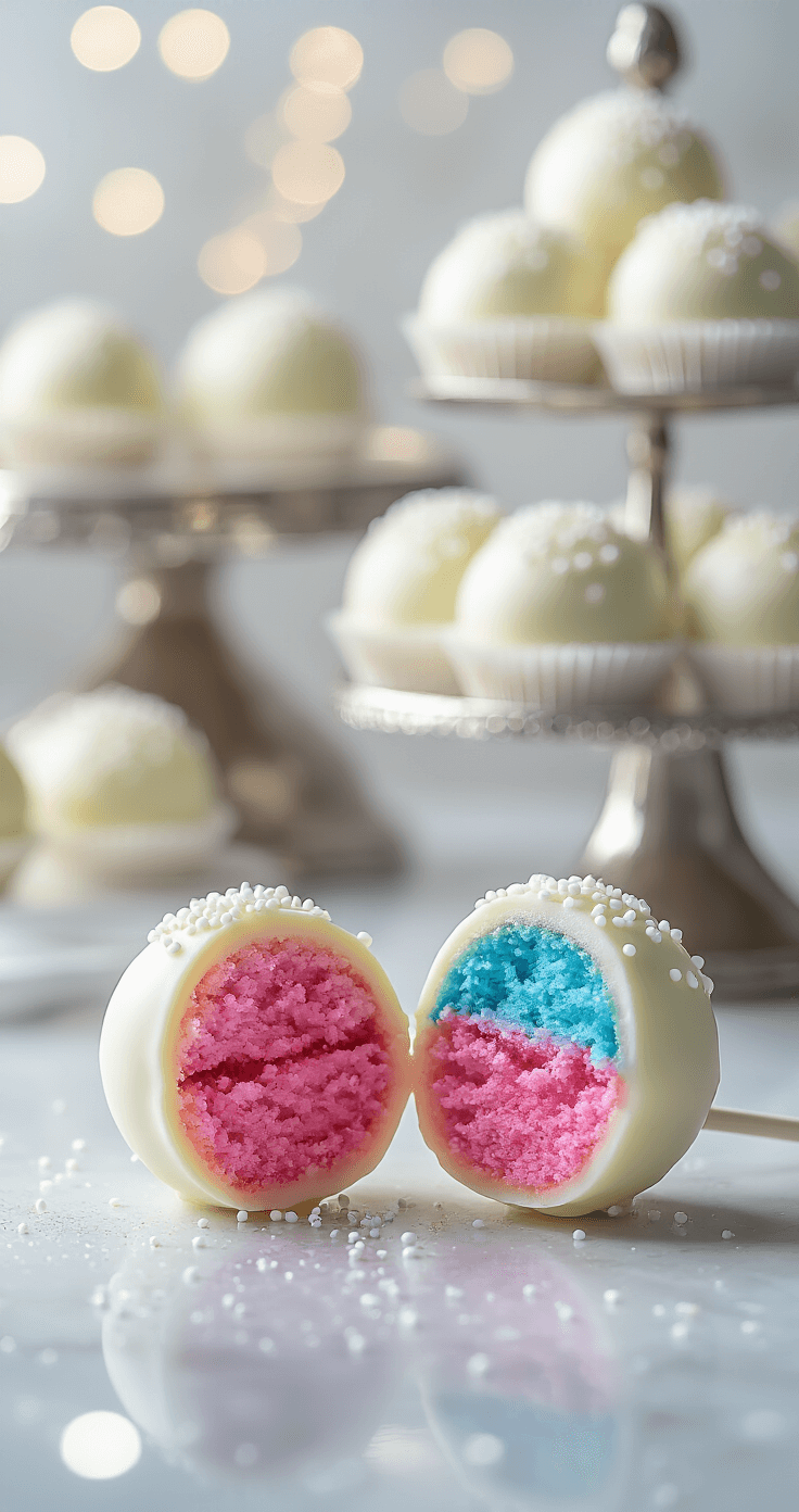 Gender Reveal Cake Pops: The Ultimate Surprise Dessert A perfectly spherical white cake pop, split in half to reveal a vibrant pink center, is illuminated by professional lighting. The outer coating is smooth and adorned with delicate white sprinkles, while a tiered silver stand features additional cake pops in a softly blurred background, with scattered edible glitter adding subtle sparkle.