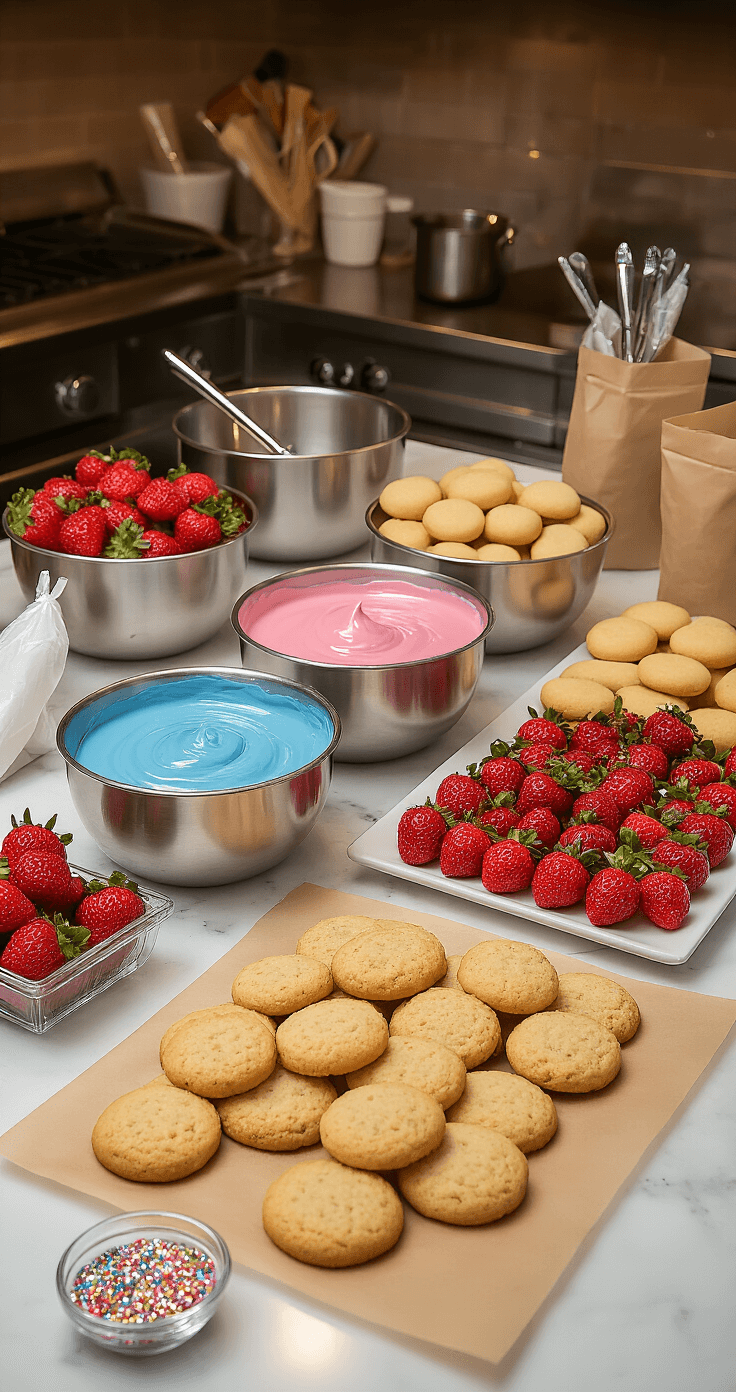 A well-lit professional kitchen setup with stainless steel bowls of melted pink and blue chocolate, fresh strawberries, golden pretzel rods, and sugar cookies on a marble countertop, accompanied by piping bags and decorative sprinkles.