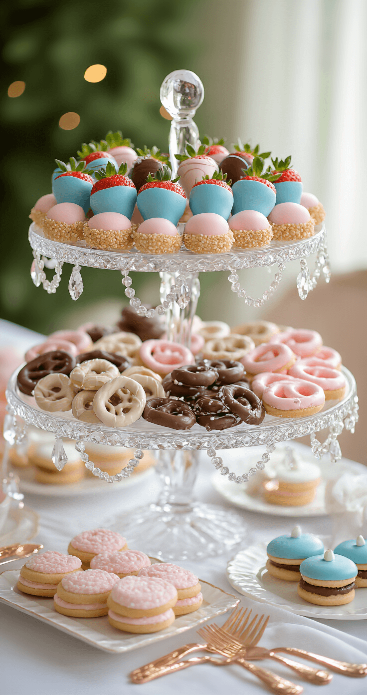 Elegant party table setting with a tiered crystal stand featuring ombré chocolate-dipped strawberries, swirled chocolate pretzels, and decorated cookie sandwiches. Pearl-finish platters and rose gold utensils accentuate the festive arrangement, illuminated by soft, natural light with a bokeh background.