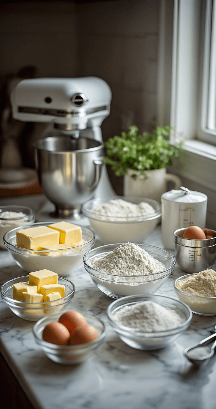 Two-Tier Wedding Cake: The Ultimate DIY Guide Close-up of a marble countertop with measured ingredients in glass bowls, including butter, eggs, sifted flour, and sugar, with natural light highlighting a KitchenAid mixer in the background.