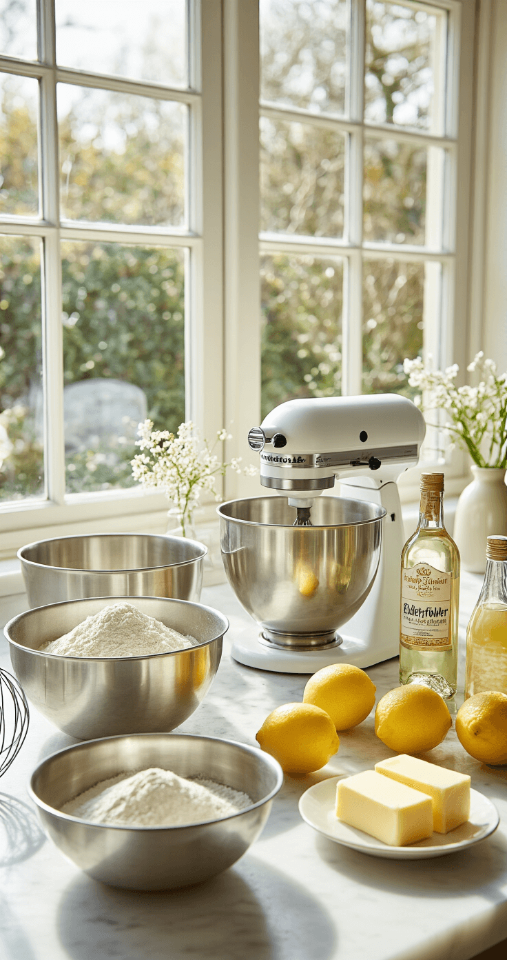 A bright kitchen with marble countertops featuring mixing bowls of flour, fresh lemons, and elderflower liqueur, alongside a stand mixer, eggs, and butter, illustrating the organized setup for baking a lemon elderflower cake.