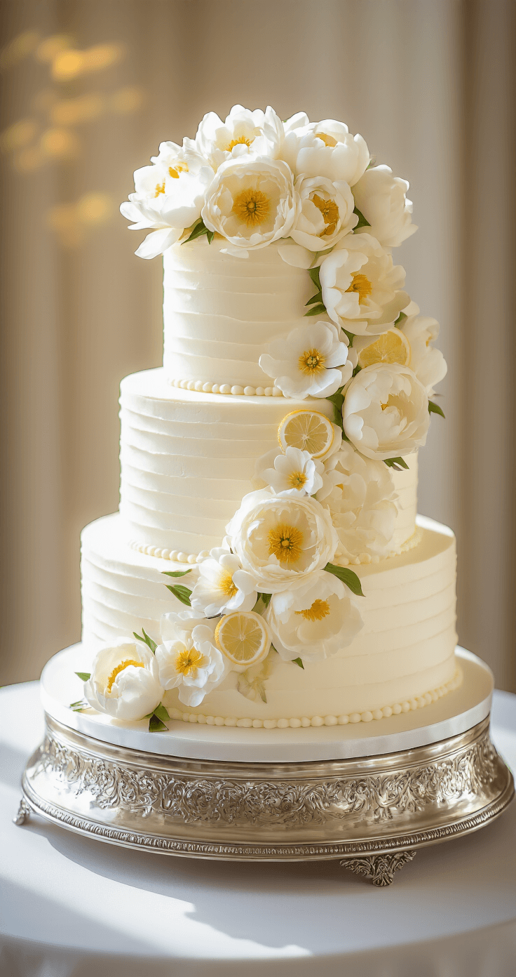 Elegant three-tiered white wedding cake on a silver stand, decorated with white peonies and candied lemon slices, illuminated by warm afternoon light.